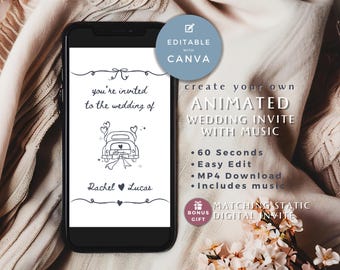 Animated Wedding Invitation Template, Whimsical Wedding Digital Invitation, Hand Drawn Wedding Video Invitation with Music, Canva, VIENNA