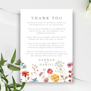 Modèle de carte de remerciement, message de remerciement de mariage de fleurs sauvages, carte de remerciement de mariage botanique, note personnalisée pour les invités, floral, LYON
