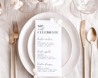 Wedding Cocktail Menu Template, Minimalist Wedding Drinks Menu Card, Black and White His and Hers Cocktail List, DIY Wedding Decor, LONDON