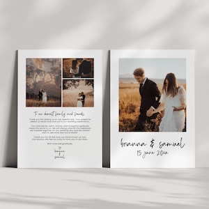 Plantilla de tarjeta de agradecimiento, mensaje de agradecimiento bohemio con foto Polaroid, mensaje de agradecimiento moderno para invitados, foto de boda, fuente manuscrita AMALFI
