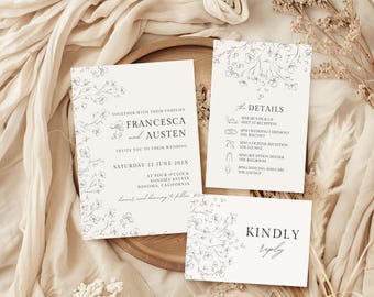 Wedding Invitation Template Bundle, Wildflower Wedding Invite, Floral Wedding Details Card, Black and White RSVP Postcard, DIY Canva, SONOMA