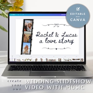 Könnte beinhalten: Ein Laptop-Bildschirm zeigt eine Vorlage für eine Hochzeitsslideshow mit einem Filmstreifen von Fotos und dem Text "Rachel & Lucas a love story". Die Vorlage ist mit Canva bearbeitbar. Der Laptop steht auf einer weißen Oberfläche mit einer Blumenvase und einem Glas Flüssigkeit.