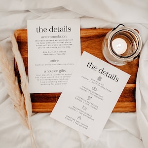 Modelo de cartão de detalhes de casamento, inserção de convite de casamento moderno, gabinete de casamento simples, informações de convidados, modelo de itinerário, TORONTO