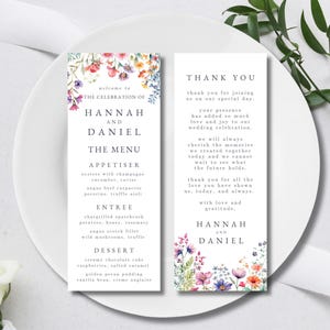 Modello di menu per matrimonio con messaggio di ringraziamento, segnaposto per matrimonio con fiori di campo, menu per cena floreale, decorazioni da tavola stampabili, LIONE