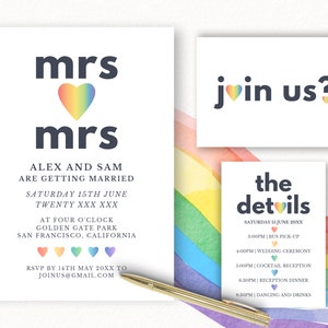 Modelos de Pacotes de Casamento LGBTQ, Conjunto de Convites de Casamento Lésbico, Convite de Casamento Arco-Íris, Cartão de Detalhes, Cartão Postal RSVP, Canva, São Francisco