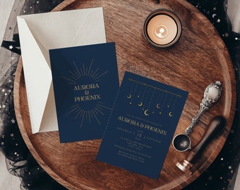 Celestial Wedding Invitation Template, Moon and Stars Wedding Invite, Starry Night Save the Dates, Moon, Stars, Navy, Canva Template, UBUD