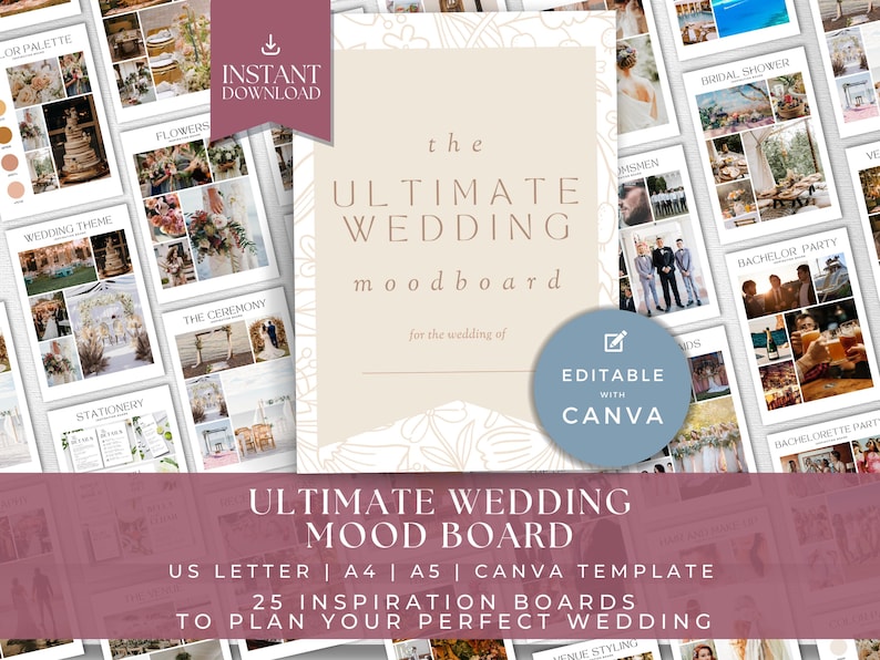 Plantilla de tablero de visión para bodas, planificador de moodboard para bodas, guía de diseño para planificar mi boda, kit de inspiración, tema de paleta de colores, ULTIMATE imagen 1