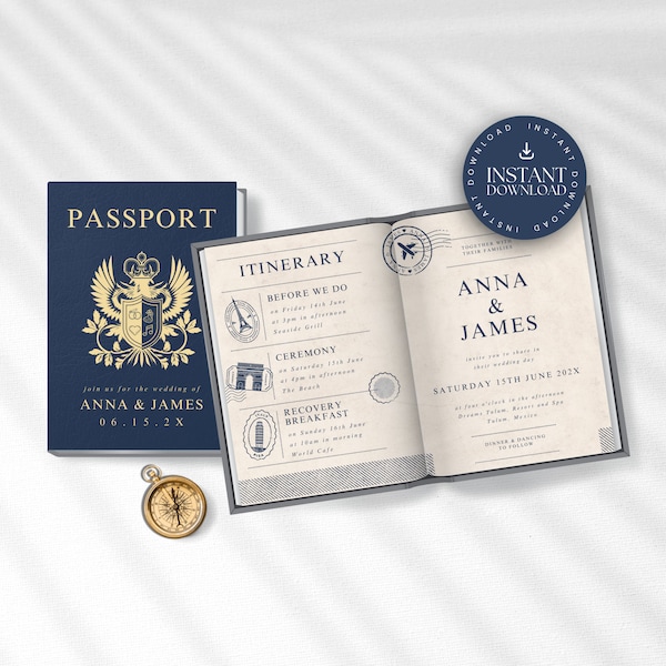 Printable Passport Wedding Invitation, Travel Theme Wedding Invitation, Destination Wedding Invite, Beach Wedding, Boarding Pass, TULUM