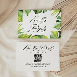Tarjeta de respuesta de boda con plantilla de código QR, tarjeta de respuesta para boda de destino, inserto de invitación de boda tropical, tarjeta de detalles de boda en la playa, MAUI
