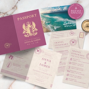Passport Wedding Invitation Bundle Template, Destination Wedding Invite Set, Pink Wedding Details Card, Location RSVP Postcard, Canva, TULUM