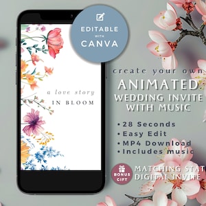 Animierte Hochzeitseinladung Vorlage, Digitales Blumen-Hochzeits-Einladung, Blumen-Hochzeits-Video-Einladung mit Musik, Canva, MP4, LYON