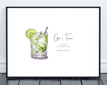Gin and Tonic Digital Wall Art- Bar Cart Decor, Cocktail Art