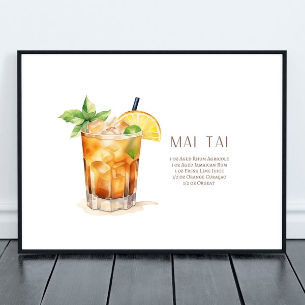 Mai Tai Watercolor Digital Art, Bar Cart Art, Cocktail Print, Home Bar Wall Art