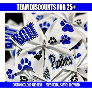May include: White glitter cheerleading bows with blue and black paw prints and text. One bow says "Reit" in blue and white, and another says "Panthers". The top banner says "TEAM DISCOUNTS FOR 25+" and the bottom banner says "CUSTOM COLORS AND TEXT FREE DIGITAL SKETCH PROVIDED".