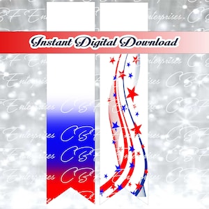 Pode incluir: Dois designs de banners ou cartazes imprimíveis para download digital. O design à esquerda é um degradê de vermelho, branco e azul. O design à direita apresenta um fundo branco com listras vermelhas e azuis e estrelas.