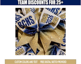 May include: Close-up of cheerleading bows with the text "RCHS" and "Senior 2026". The bows are gold, navy blue, and white, with rhinestone embellishments. The image also includes the text "Team Discounts for 25+".