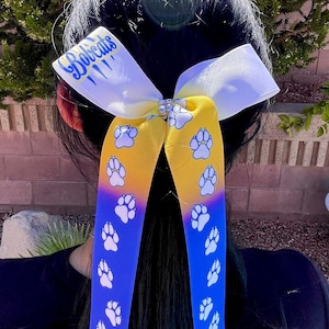 Custom Collegiate Long Tails Skinny Cheer Bow - you choose custom colors & text - college cheer bow