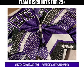 Custom Glitter & Rhinestone Personalized Chevron Cheer Bow  - team colors