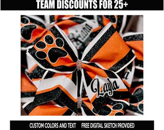 Fiocco da cheerleader personalizzato con impronta di zampa stampata a sublimazione – Colori della squadra e nome personalizzato