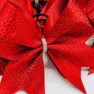 TEAM DISCOUNTS AVAILABLE - Ruby Red Satin & Red Rhinestone Cheer Bow - all satin colors available