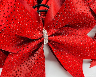 TEAM DISCOUNTS AVAILABLE - Ruby Red Satin & Red Rhinestone Cheer Bow - all satin colors available