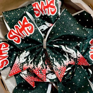 Custom Ombre Flames School / Team Initials Glitter & Rhinestone Cheer Bow - designed in your team colors - Team Discounts