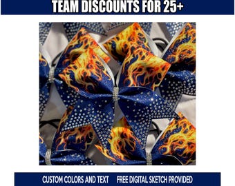 Flames Fire Glitter Rhinestone Cheer Bow