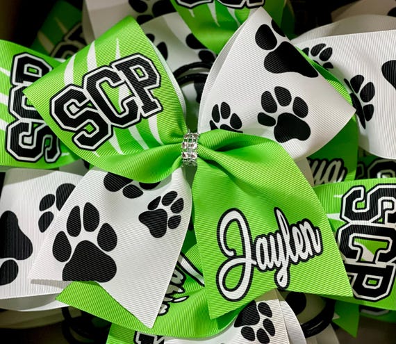 Custom Sublimated School Initial Paw Print Cheer Bow - designed with your team colors - TEAM DISCOUNTS AVAILABLE