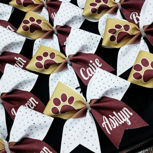 TEAM DISCOUNTS AVAILABLE - Ombre Glitter & Rhinestone Paw Print Personalized Cheer Bow - designed in your team colors