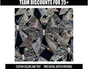 May include: Close-up of black cheerleading bows with sparkling rhinestone accents. The bows are decorated with white dots and have a rhinestone center. The image includes the text "TEAM DISCOUNTS FOR 25+" and "CUSTOM COLORS AND TEXT FREE DIGITAL SKETCH PROVIDED".