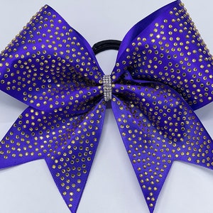Purple Satin & Gold Rhinestone Cheer Bow - All Satin Colors Available - Team Discounts