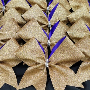 Custom Gold Glitter with purple ribbon back Cheer Bow - TEAM DISCOUNTS AVAILABLE