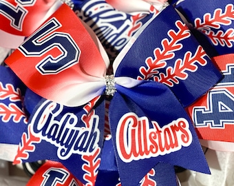 TEAM DISCOUNTS AVAILABLE - Custom Softball Allstars Bow / pigtails / keychain Personalized - you choose custom colors -