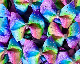 Mini Pigtail Pastel Rainbow Ombre Rhinestone & Glitter Tailless Cheer Bow Set