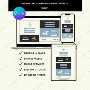 Könnte beinhalten: Eine digitale Vorlage, die auf einem Laptop, Smartphone und Tablet angezeigt wird. Die Vorlage hat ein hellblaues und dunkelblaues Design mit dem Text "MAVI" und dem "Canva"-Logo. Das Bild enthält auch den Text "EDITABLE IN CANVA", "INSTANT ACCESS", "MOBILE OPTIMIZED", "EASY TO CUSTOMIZE" und "NO CODING NEEDED".