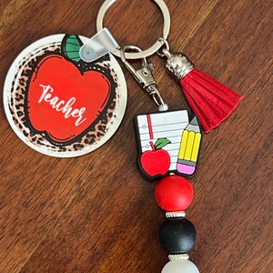Teacher beaded keychain with tassel, gift for teacher, appreciation present school, Apple Pencil teach charm, end of school teacher gift