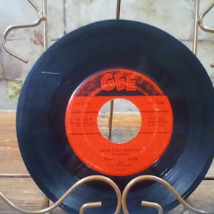 以下が含まれることがあります： 赤いラベルの黒いビニールレコード。ラベルには「GEE」という文字が大きく太字で、「WHO CAN EXPLAIN」という文字が小さく書かれています。レコードは金色の金属製のスタンドに乗っています。
