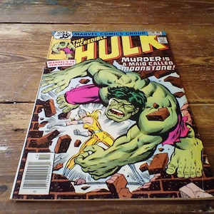May include: A vintage comic book featuring The Incredible Hulk. The cover art depicts a large green Hulk figure in action, with the text "Murder is a Maid Called Moonstone!" and "Marvel's TV Sensation!"