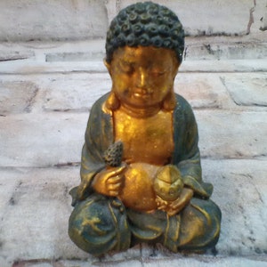 Small Painted Buddha 4&quot; Tall and 3&quot; Wide Green Verdi and Gold Painted Resin, 1990s Excellent Condition, Buddhist Figurine Buddha statue