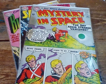 Lot de 3 bandes dessinées DC Silver Age, Mystery in Space #97 févr. 1965, Sea Devils #30 août 1966, Black Hawk #186 juillet 1963 Tous en VG
