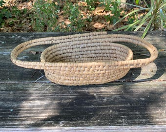 Cesta de paja de centeno enrollada vintage tejida a mano con atado de palma partida, bandeja ovalada rústica de granja con asas, decoración rústica de cocina