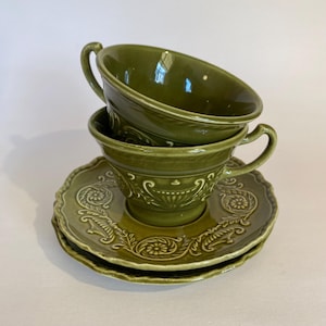 Regency Ironstone Teacup and Saucer by Canonsburg Pottery Co Green Set of Two