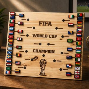 Könnte beinhalten: Holz-FIFA-Weltmeisterschafts-Bracket-Board mit graviertem Text und Flaggen. Das Board zeigt das FIFA-Logo, die Worte "WORLD CUP CHAMPION" und eine Trophik-Grafik. Flaggen verschiedener Länder sind angebracht.