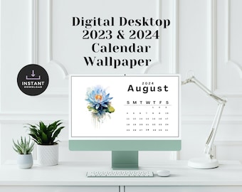 Desktop Calendar Wallpaper, Instant Download, Minimalist Digital Wallpaper, Elegant Desktop Calendar, Waterlilies Background Organizer DC06