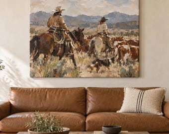 Cattle Drive Cowboy Canvas Wall Art | Western Ranch Oil Painting Print | Rustic Horse Rider Decor