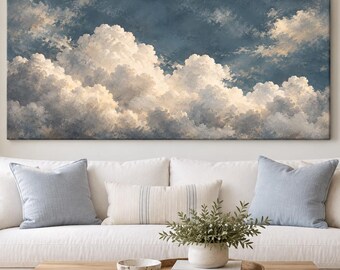 Cumulus Clouds Canvas Wall Art | Dramatic Sky Oil Painting Print | Navy Blue Moody Cloud Wall Decor