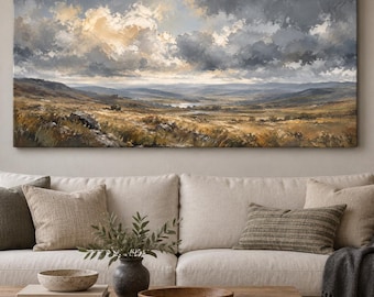 Highland Valley Canvas Wall Art | Dramatic Storm Sky Landscape Painting Print | Moorland River Wall Decor