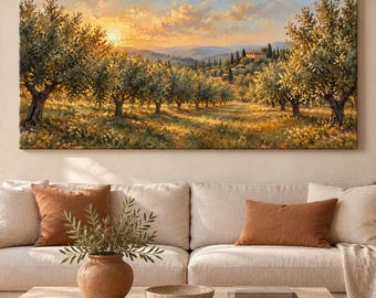 Tuscan Olive Grove Canvas Wall Art | Golden Sunset Landscape Painting Print | Italian Countryside Villa Decor