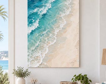 Aerial Ocean Wave Canvas Wall Art | Turquoise Beach Shoreline Painting Print | Tropical Coastal Decor