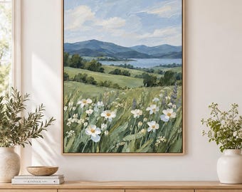 Wildflower Lake View Canvas Wall Art | Vertical Blue Mountain Meadow Painting Print | Lavender Daisy Decor